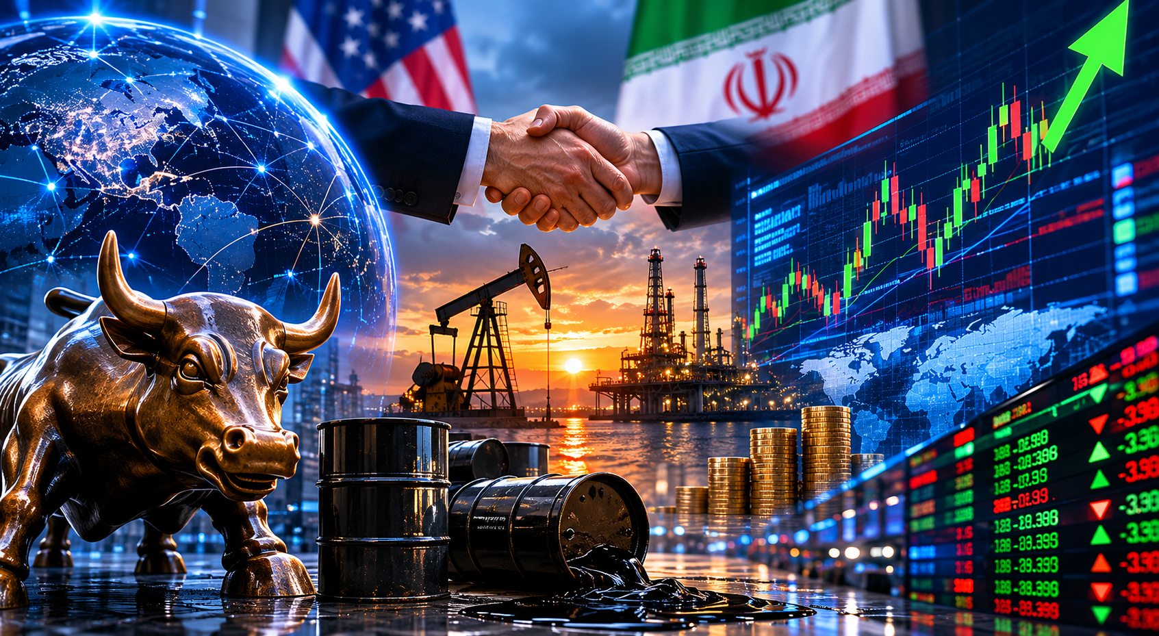 A trader monitors global market screens showing rising stock indexes and falling crude oil prices on a busy exchange floor.