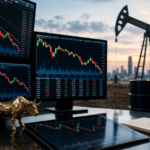 Trading desk with market charts, bull and bear figurines, and an oil pumpjack in the background, symbolizing investor relief from lower crude prices.
