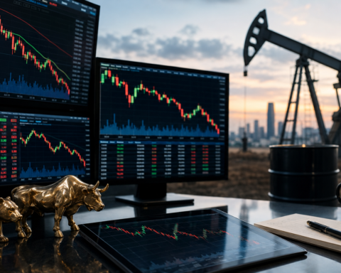 Trading desk with market charts, bull and bear figurines, and an oil pumpjack in the background, symbolizing investor relief from lower crude prices.