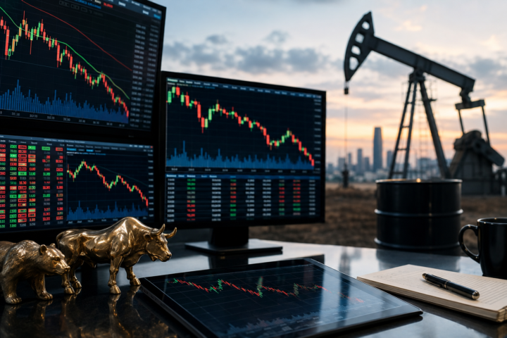 Trading desk with market charts, bull and bear figurines, and an oil pumpjack in the background, symbolizing investor relief from lower crude prices.