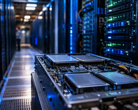 High-performance server hardware inside a blue-lit data center, suggesting AI computing infrastructure and semiconductor demand.