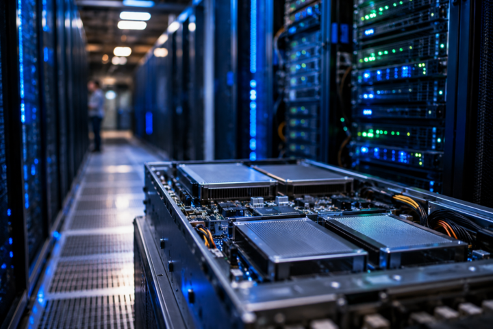 High-performance server hardware inside a blue-lit data center, suggesting AI computing infrastructure and semiconductor demand.