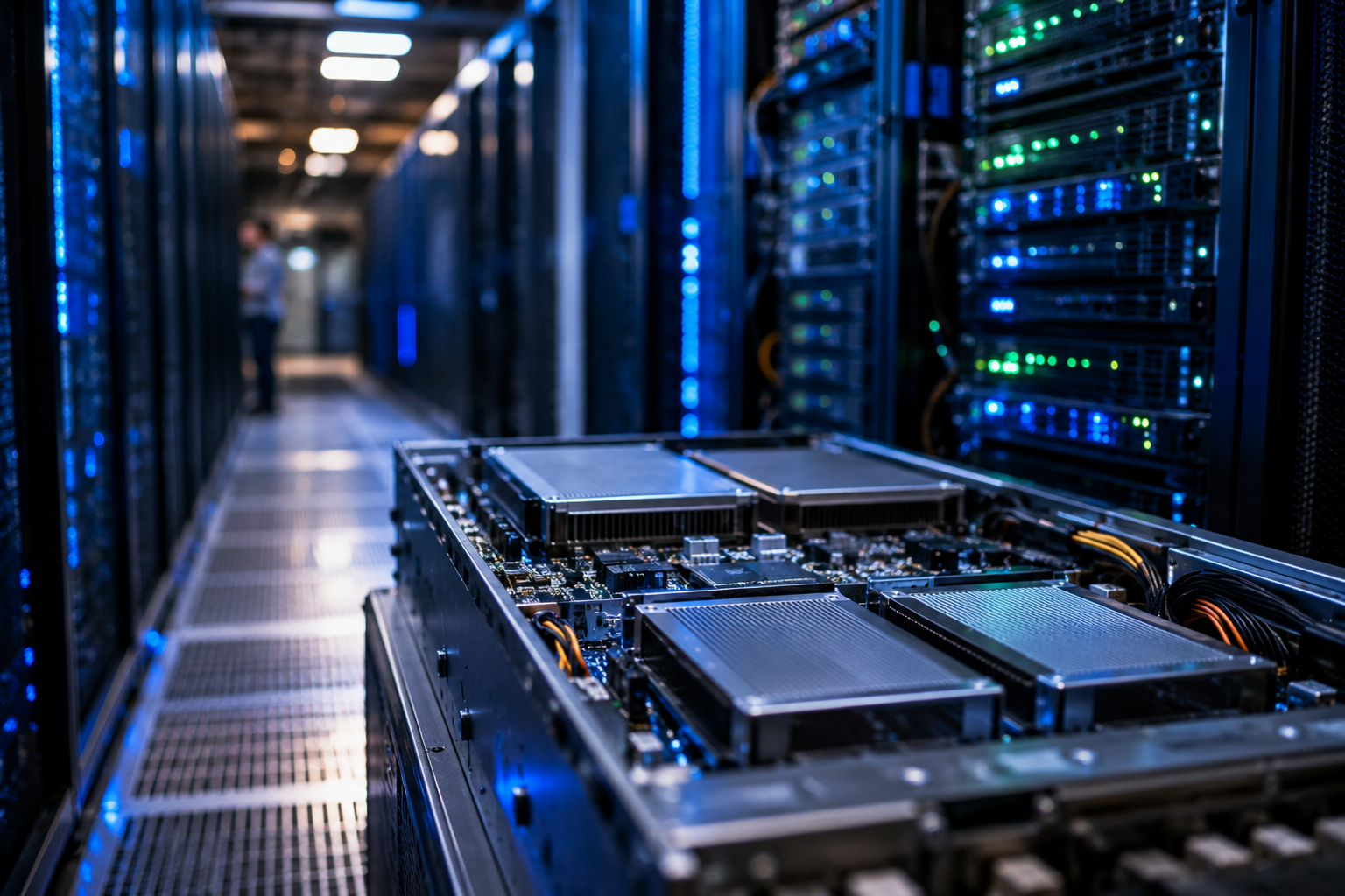 High-performance server hardware inside a blue-lit data center, suggesting AI computing infrastructure and semiconductor demand.