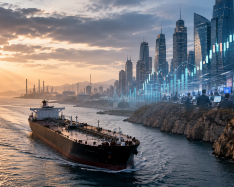 Oil tanker passing through a narrow sea channel at sunrise with a financial skyline and market chart overlay, symbolizing easing oil pressure and cautious market optimism.
