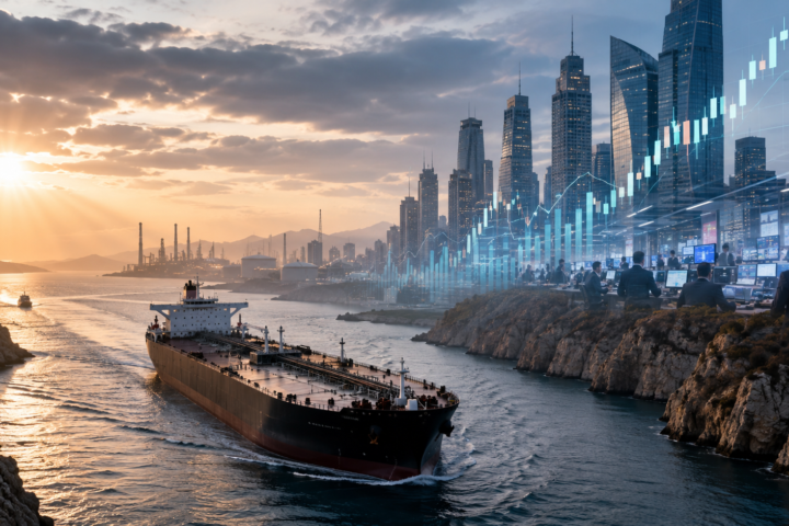Oil tanker passing through a narrow sea channel at sunrise with a financial skyline and market chart overlay, symbolizing easing oil pressure and cautious market optimism.