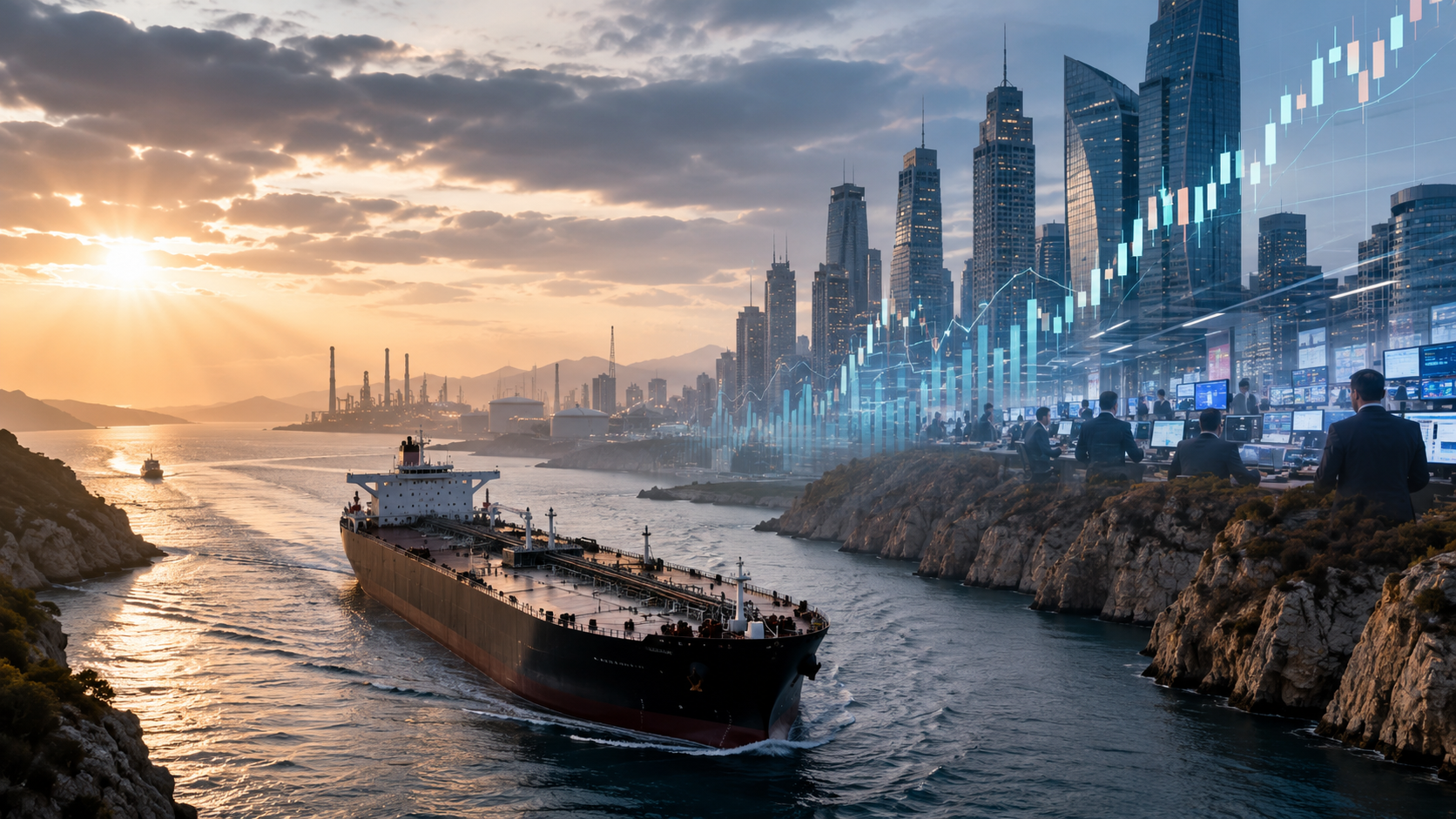 Oil tanker passing through a narrow sea channel at sunrise with a financial skyline and market chart overlay, symbolizing easing oil pressure and cautious market optimism.