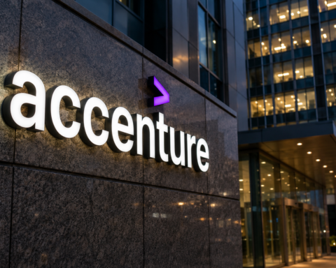 Photorealistic exterior view of an Accenture office sign on a modern corporate building, symbolizing investor scrutiny of consulting, AI spending, and cybersecurity strategy.