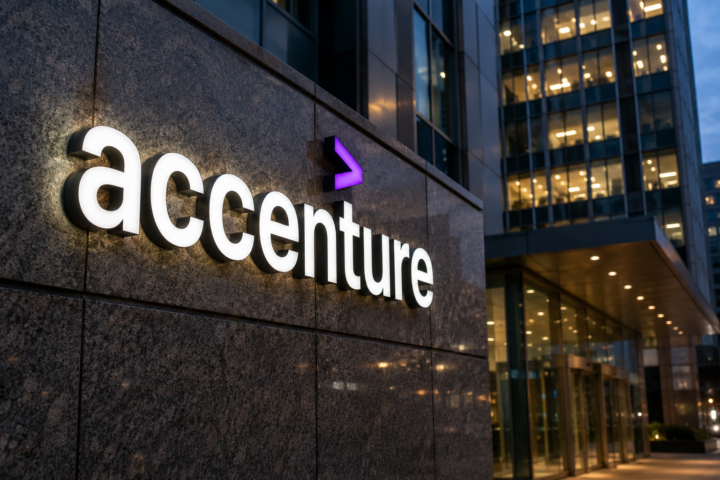 Photorealistic exterior view of an Accenture office sign on a modern corporate building, symbolizing investor scrutiny of consulting, AI spending, and cybersecurity strategy.