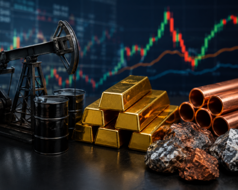Oil barrels, a pumpjack, gold bars and copper materials arranged in front of a blurred financial trading chart.
