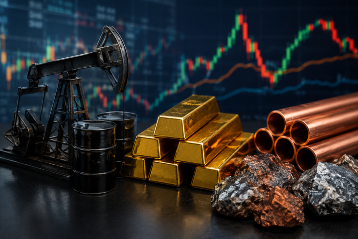 Oil barrels, a pumpjack, gold bars and copper materials arranged in front of a blurred financial trading chart.