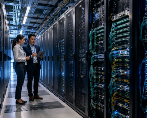 Two technology professionals reviewing a tablet inside a modern data center lined with server racks, networking switches and fiber-optic cables.