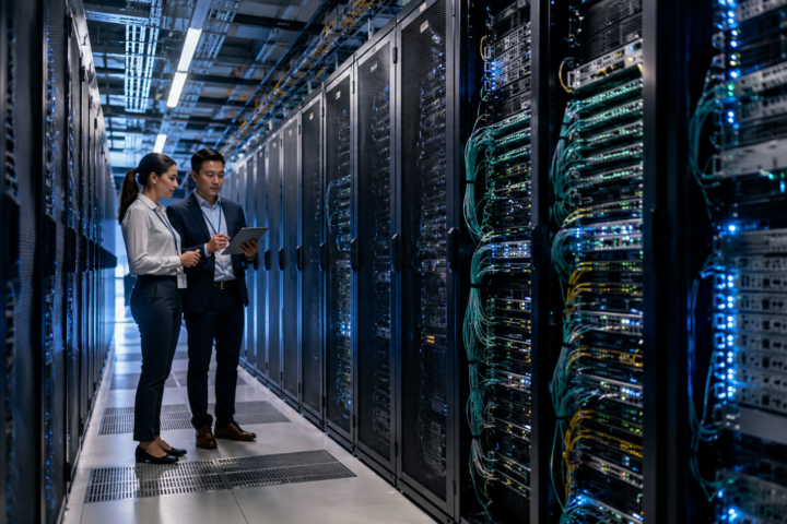 Two technology professionals reviewing a tablet inside a modern data center lined with server racks, networking switches and fiber-optic cables.