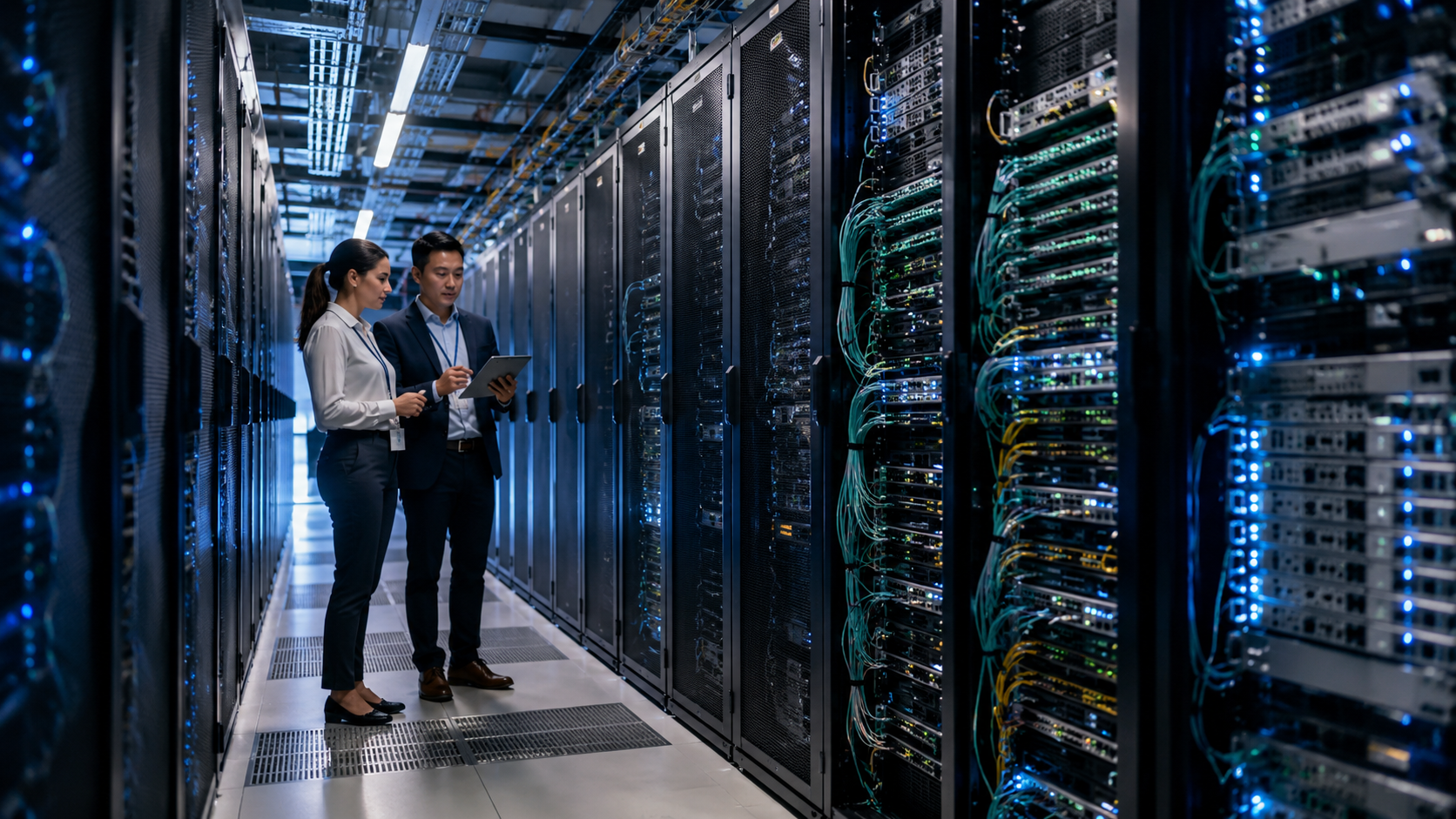 Two technology professionals reviewing a tablet inside a modern data center lined with server racks, networking switches and fiber-optic cables.