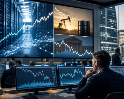 Traders monitor global market charts alongside AI infrastructure, oil imagery, and bond yield visuals in a modern financial trading room.