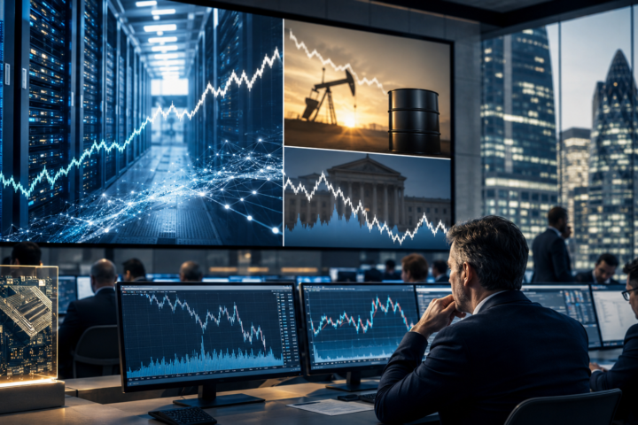 Traders monitor global market charts alongside AI infrastructure, oil imagery, and bond yield visuals in a modern financial trading room.