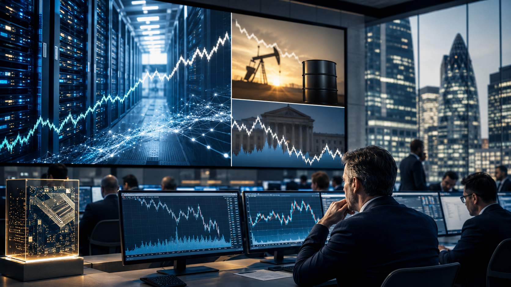 Traders monitor global market charts alongside AI infrastructure, oil imagery, and bond yield visuals in a modern financial trading room.