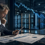 A financial analyst reviews investment charts beside a glowing AI data center, symbolizing scrutiny over artificial intelligence spending and returns.