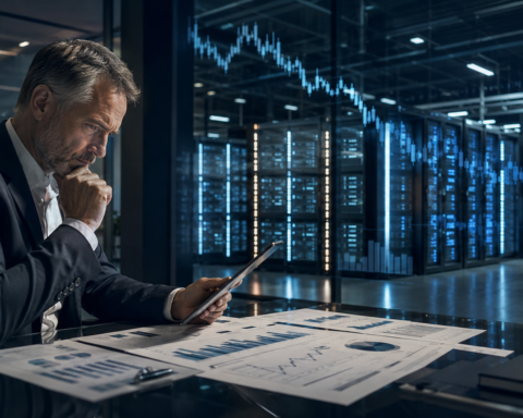 A financial analyst reviews investment charts beside a glowing AI data center, symbolizing scrutiny over artificial intelligence spending and returns.