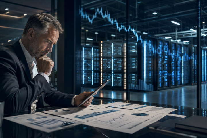 A financial analyst reviews investment charts beside a glowing AI data center, symbolizing scrutiny over artificial intelligence spending and returns.