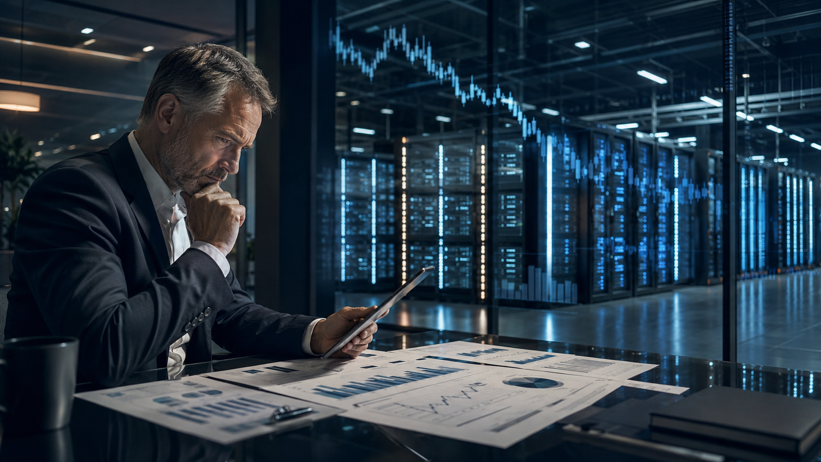 A financial analyst reviews investment charts beside a glowing AI data center, symbolizing scrutiny over artificial intelligence spending and returns.