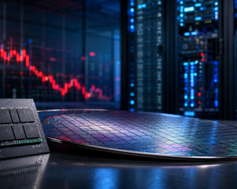 A semiconductor chip and silicon wafer sit in the foreground of a modern server room, with a red downward market chart glowing in the background.