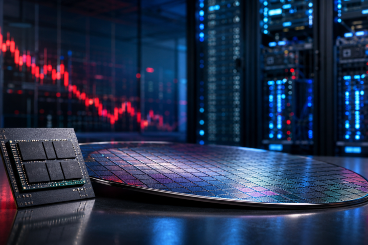 A semiconductor chip and silicon wafer sit in the foreground of a modern server room, with a red downward market chart glowing in the background.