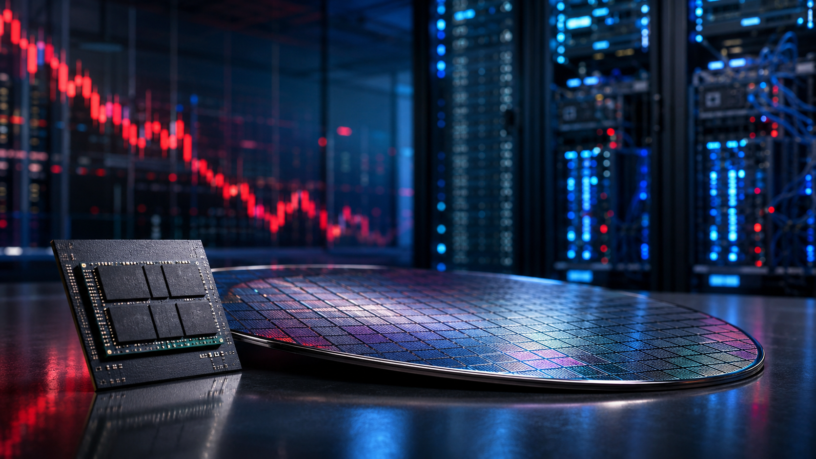 A semiconductor chip and silicon wafer sit in the foreground of a modern server room, with a red downward market chart glowing in the background.