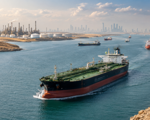 Oil tankers move through a calm strategic waterway near refinery infrastructure and a distant skyline, symbolizing lower crude prices and easing inflation pressure.