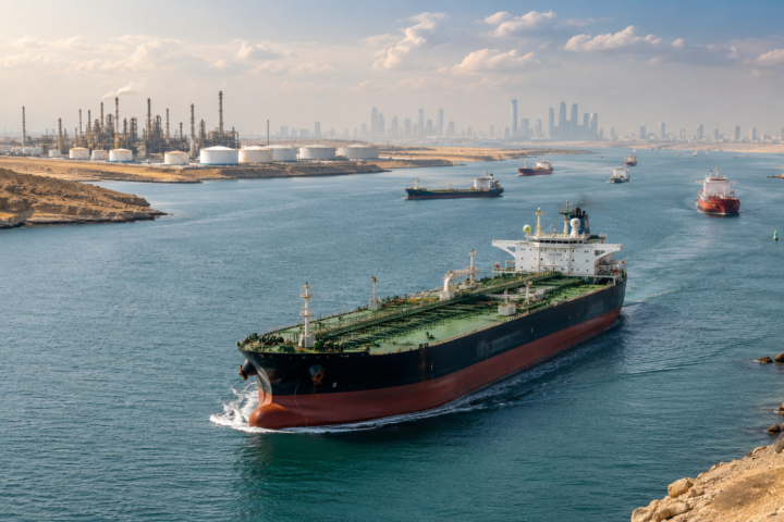 Oil tankers move through a calm strategic waterway near refinery infrastructure and a distant skyline, symbolizing lower crude prices and easing inflation pressure.