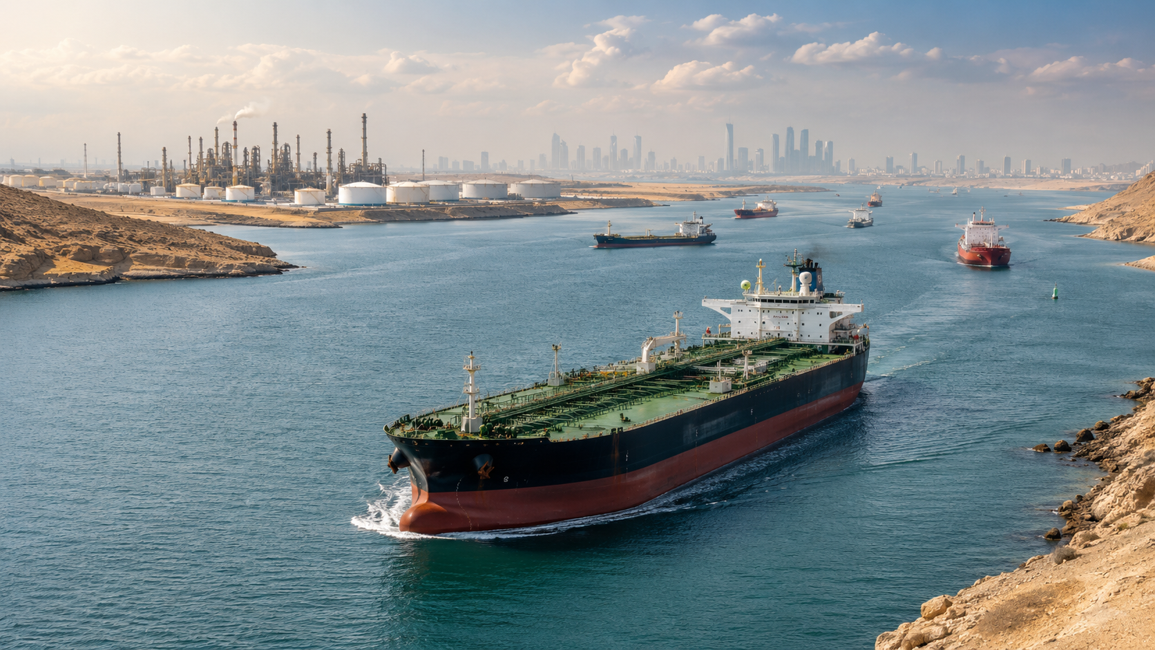Oil tankers move through a calm strategic waterway near refinery infrastructure and a distant skyline, symbolizing lower crude prices and easing inflation pressure.
