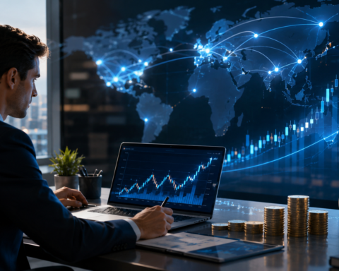 A financial analyst reviews rising market charts beside coin stacks and a glowing global payments network map.