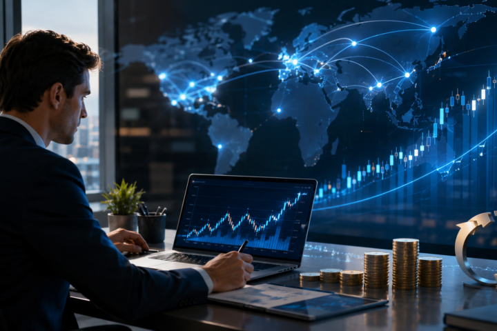 A financial analyst reviews rising market charts beside coin stacks and a glowing global payments network map.
