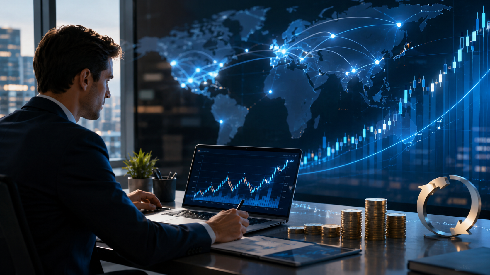 A financial analyst reviews rising market charts beside coin stacks and a glowing global payments network map.