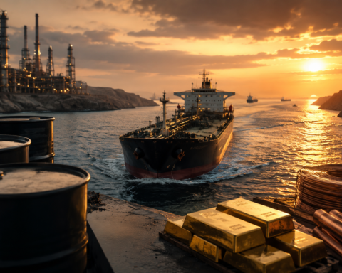 Oil tanker moving through a narrow industrial shipping route at sunset, with oil barrels, gold bars and copper coils symbolizing diverging commodity markets.
