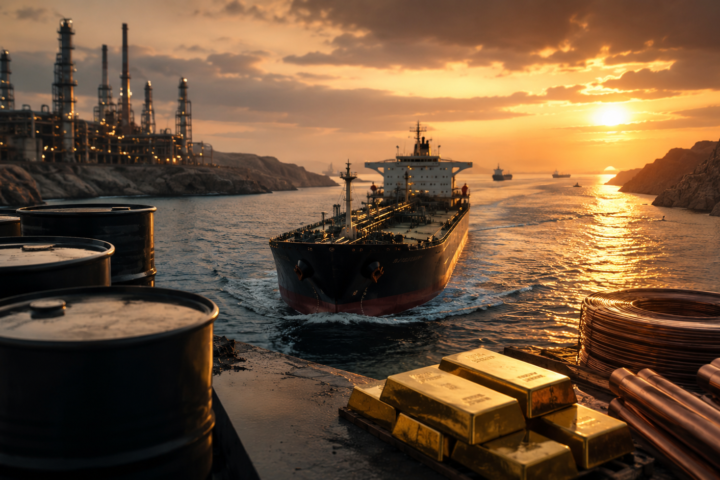 Oil tanker moving through a narrow industrial shipping route at sunset, with oil barrels, gold bars and copper coils symbolizing diverging commodity markets.
