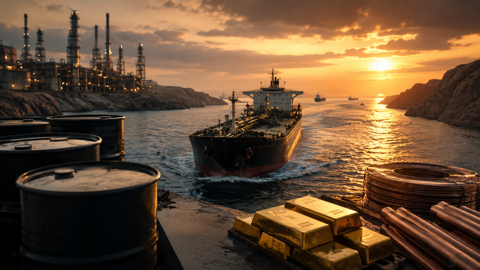 Oil tanker moving through a narrow industrial shipping route at sunset, with oil barrels, gold bars and copper coils symbolizing diverging commodity markets.