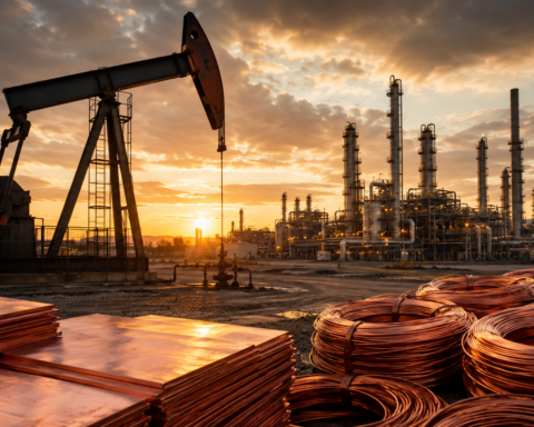Oil pumpjack and refinery at sunset with copper sheets and wire coils in the foreground.
