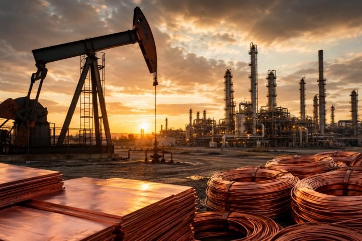 Oil pumpjack and refinery at sunset with copper sheets and wire coils in the foreground.