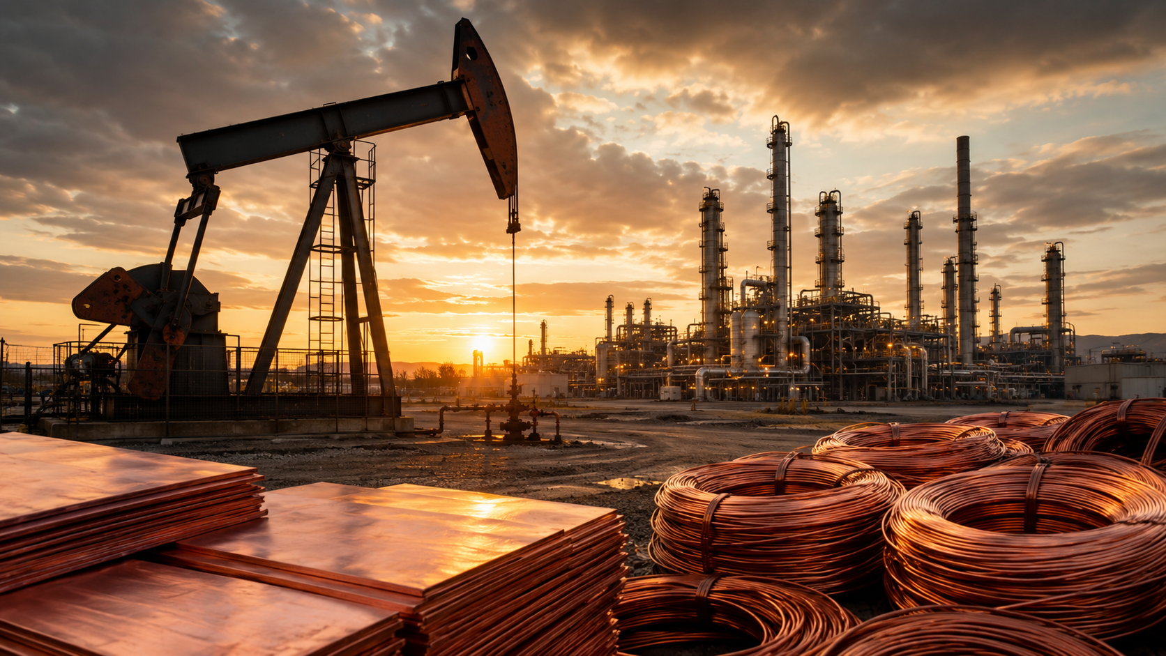 Oil pumpjack and refinery at sunset with copper sheets and wire coils in the foreground.