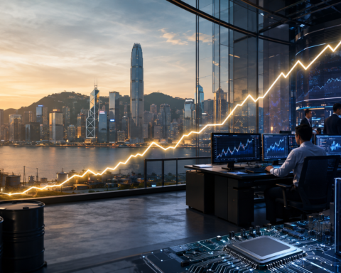 Financial trading floor overlooking a city skyline with oil barrels, data servers, microchips, and a glowing upward market line.