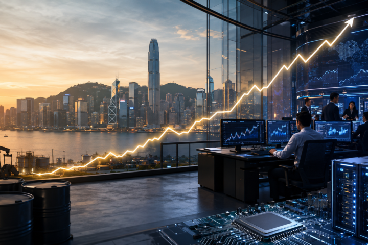 Financial trading floor overlooking a city skyline with oil barrels, data servers, microchips, and a glowing upward market line.