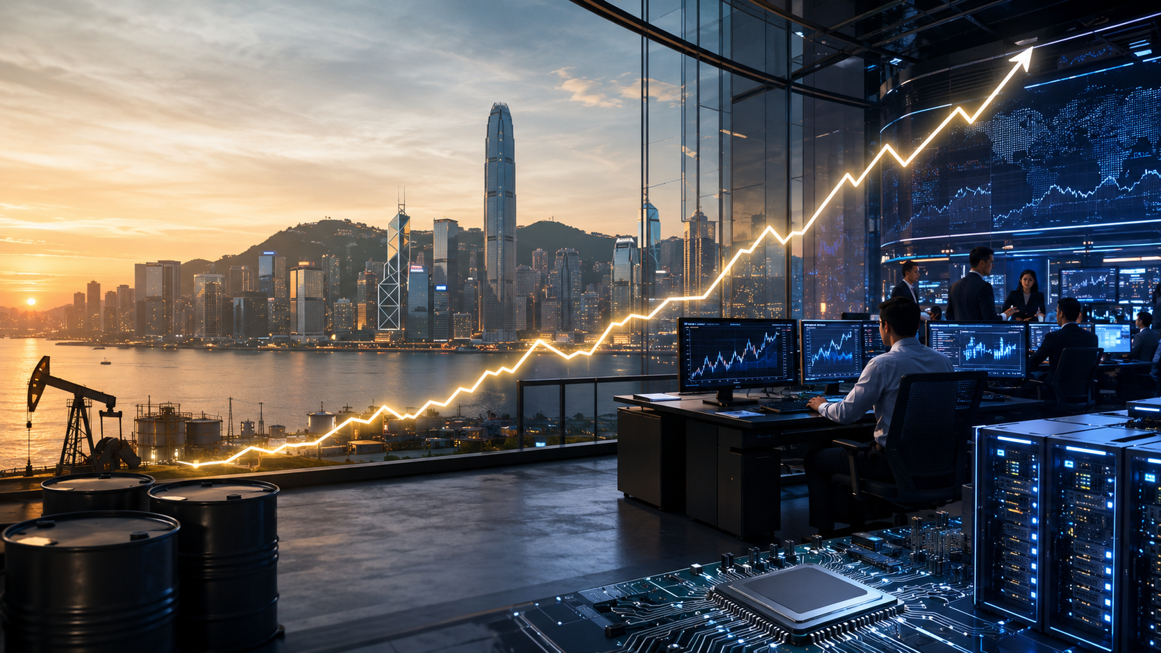 Financial trading floor overlooking a city skyline with oil barrels, data servers, microchips, and a glowing upward market line.
