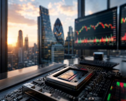 Semiconductor chip on a trading desk with market charts and a financial district skyline at sunrise.