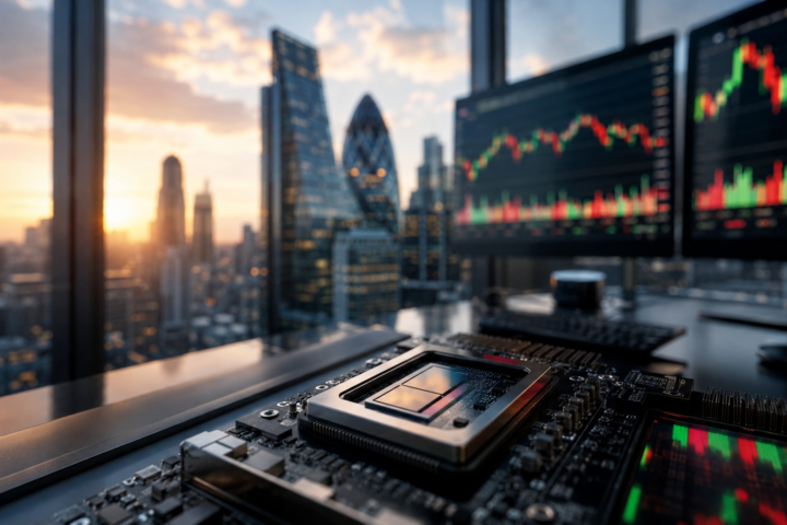 Semiconductor chip on a trading desk with market charts and a financial district skyline at sunrise.