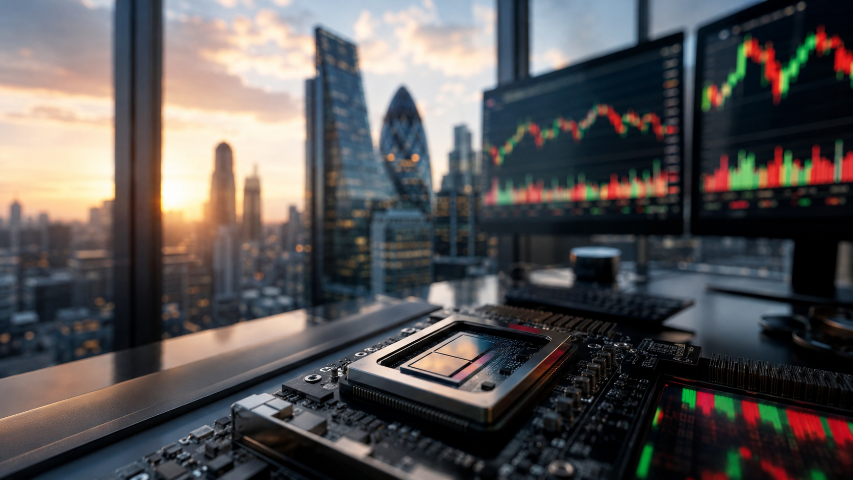 Semiconductor chip on a trading desk with market charts and a financial district skyline at sunrise.