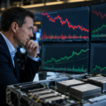 Financial analyst studies market charts beside AI server hardware on a modern trading floor.