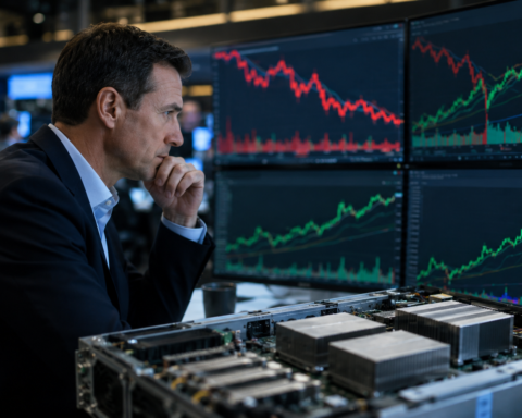 Financial analyst studies market charts beside AI server hardware on a modern trading floor.