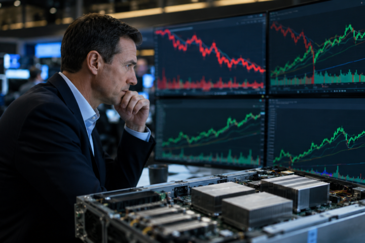 Financial analyst studies market charts beside AI server hardware on a modern trading floor.