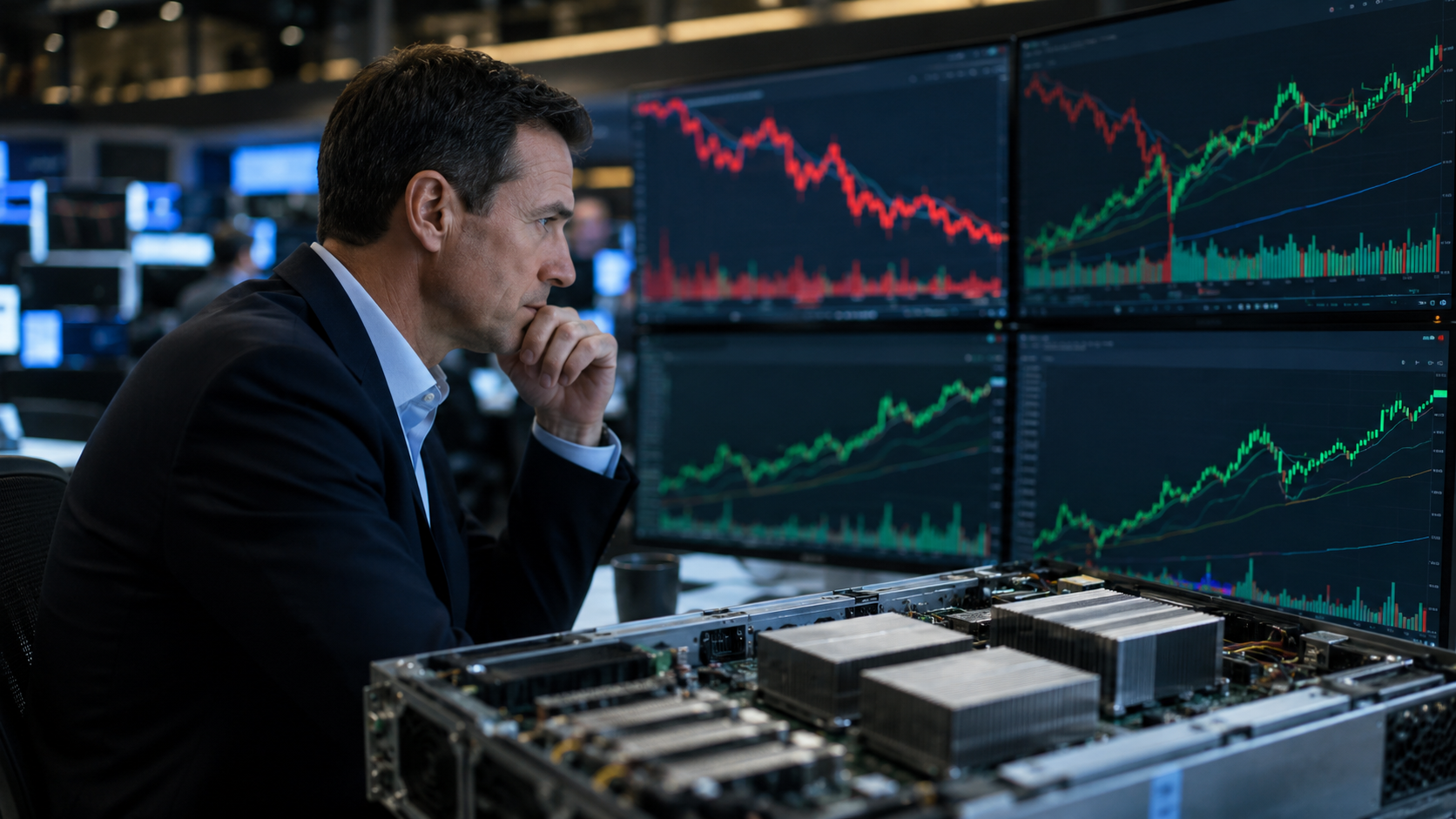 Financial analyst studies market charts beside AI server hardware on a modern trading floor.