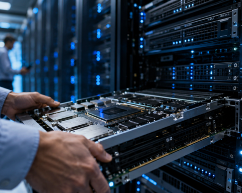 Technician installing an advanced server module inside a blue-lit data center rack.